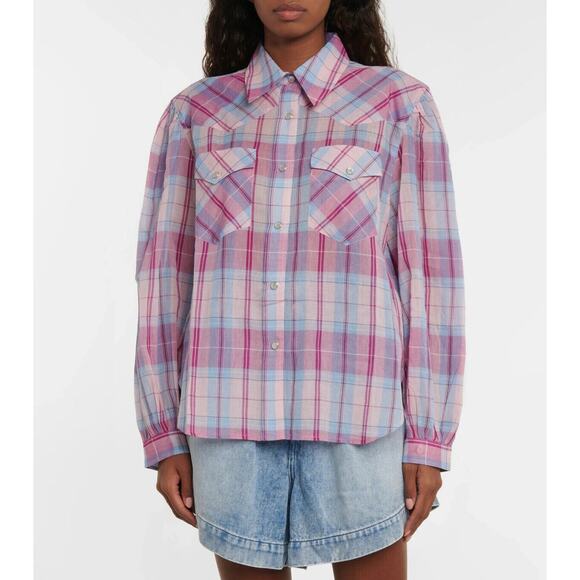 Isabel Marant Etoile Shirt Pink Purple Plaid Cotton Puff Balloon Sleeve … - Picture 3 of 11